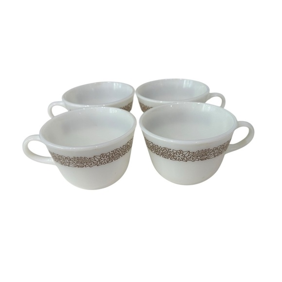 Pyrex Woodland Brown 4 Milk Glass Coffee Mugs 1978- 1983 Vintage Kitschy Collect - Picture 3 of 9